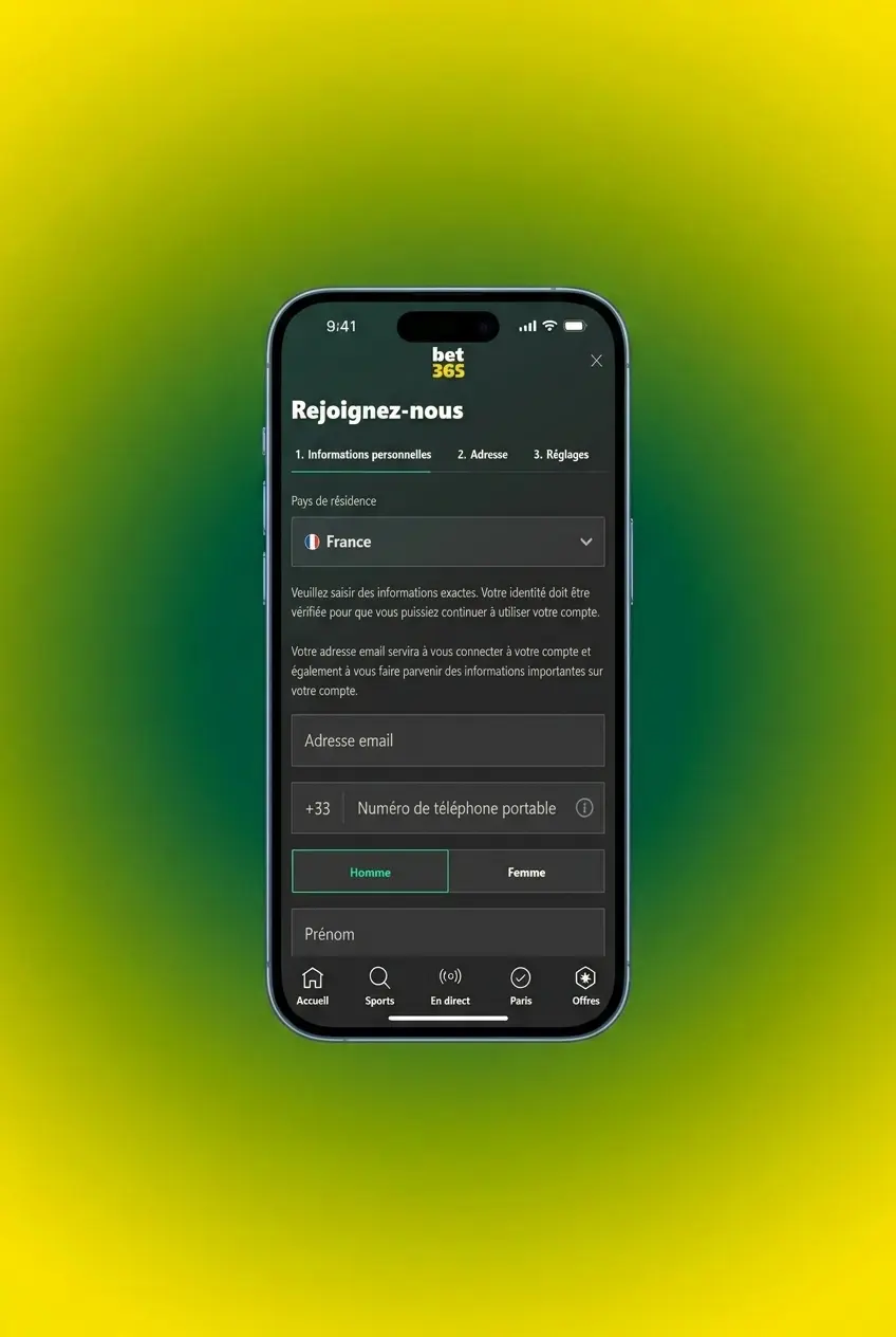 Guide d'inscription Bet365 en 5 étapes : formulaire, informations personnelles et activation du compte