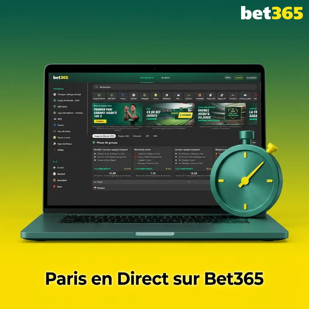 Interface de paris en direct Bet365 avec cotes en temps réel, streaming et statistiques pour football, tennis et esport