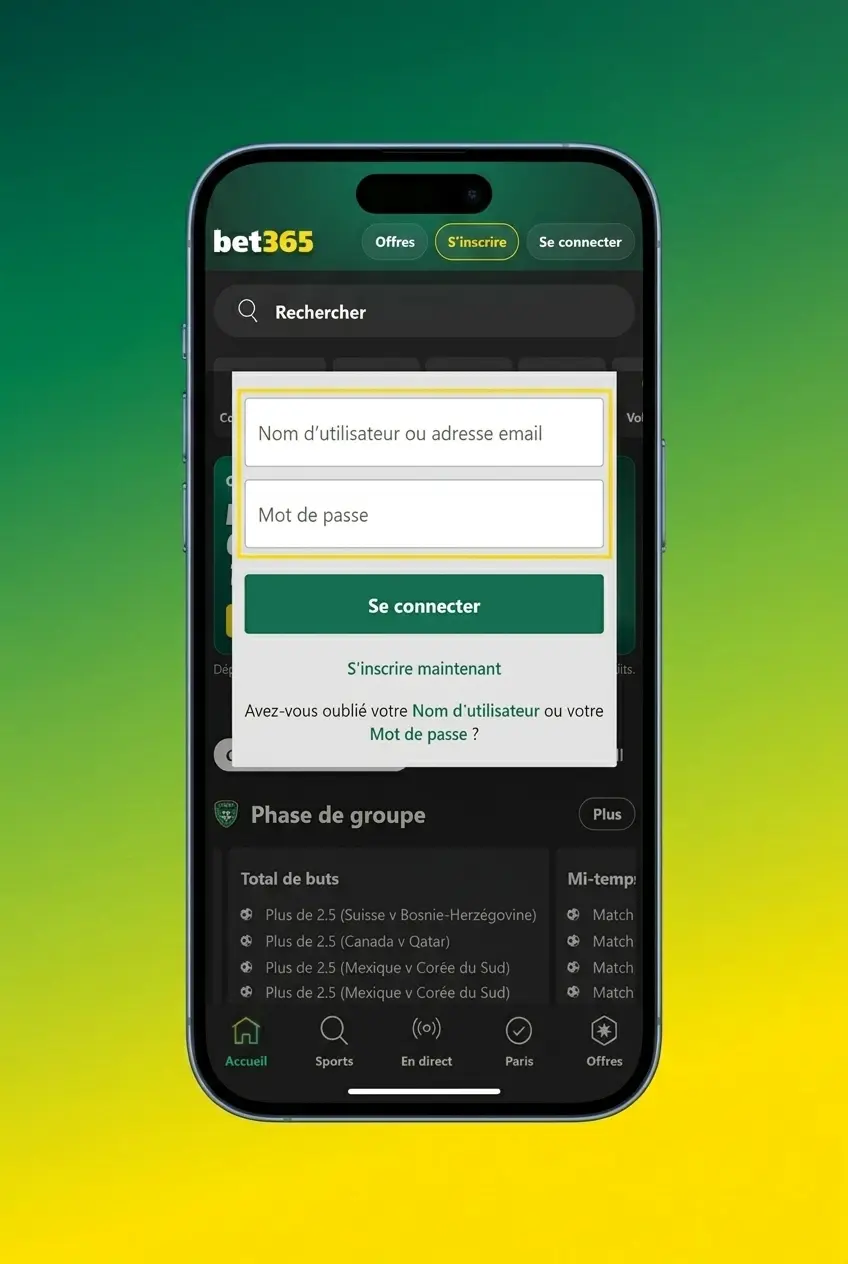 Connexion au compte Bet365 pour accéder aux paris, solde et historique de transactions