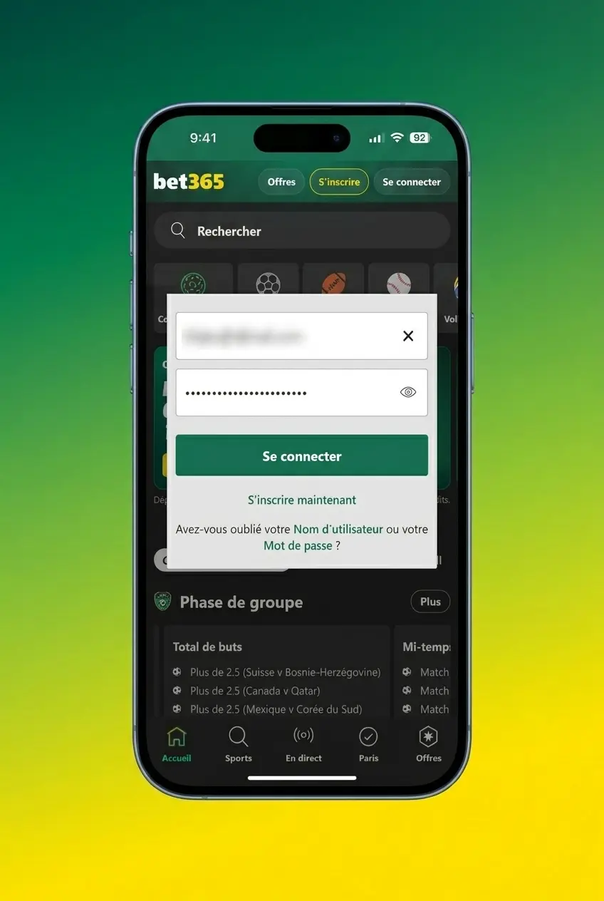 Connexion au compte Bet365 pour accéder aux paris, solde et historique de transactions
