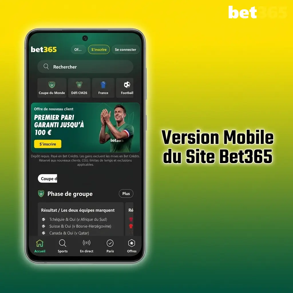 Interface mobile Bet365 sur smartphone, accès direct via navigateur sans téléchargement, compatible iOS et Android