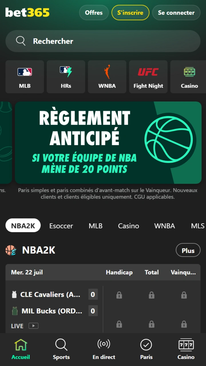 L'interface principale de Bet365 offre un accès facile aux paris sportifs et aux promotions.