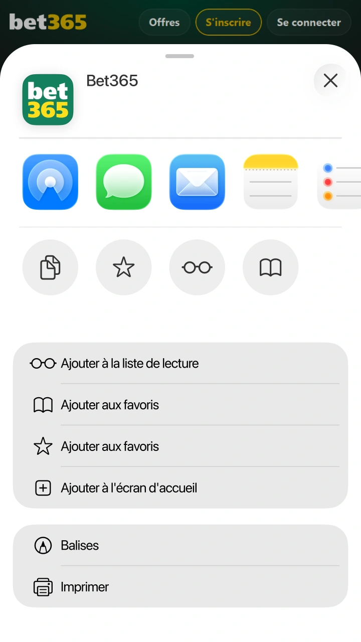 Ajoutez l'application pratique Bet365 à l'écran d'accueil de votre smartphone.