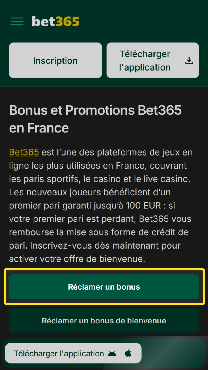 Obtenez votre bonus de bienvenue en un clic et commencez à parier sur Bet365.