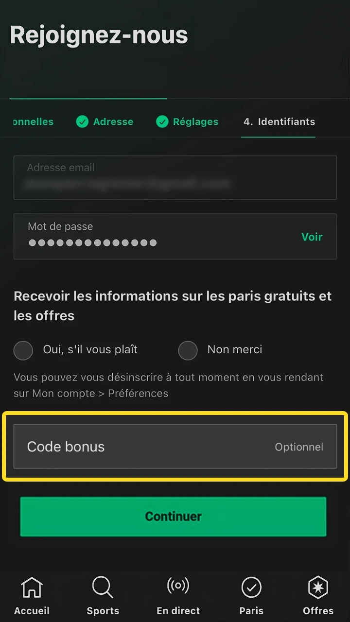 Saisissez votre code bonus lors de votre inscription pour accéder aux offres exceptionnelles de Bet365.