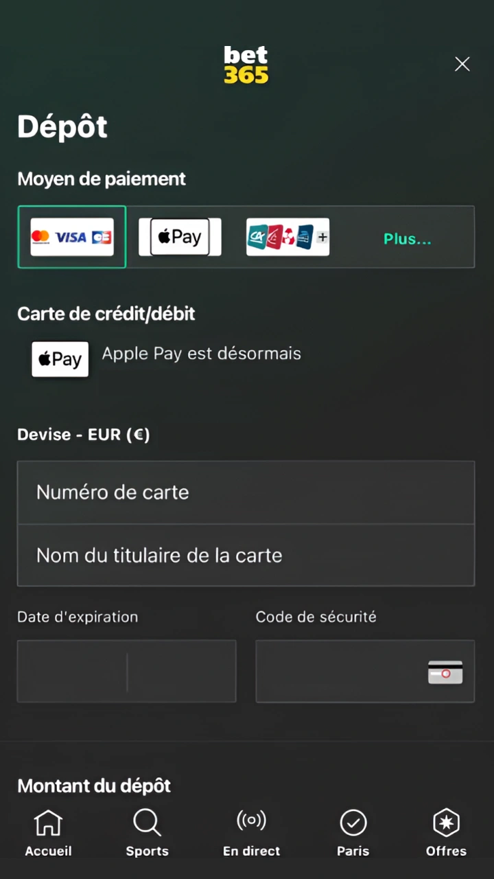 Effectuez votre premier dépôt en toute sécurité grâce à la large gamme de méthodes de paiement proposées par Bet365.