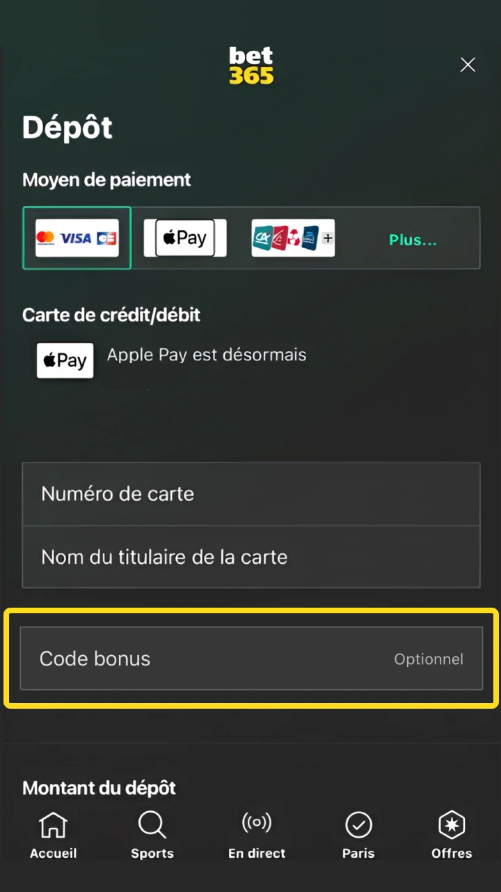 Saisissez le code promo lors du rechargement de votre compte pour bénéficier d'un avantage maximal chez Bet365.