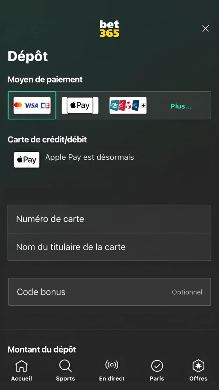 Approvisionnez facilement votre compte avec Visa, Mastercard ou Apple Pay sur Bet365.