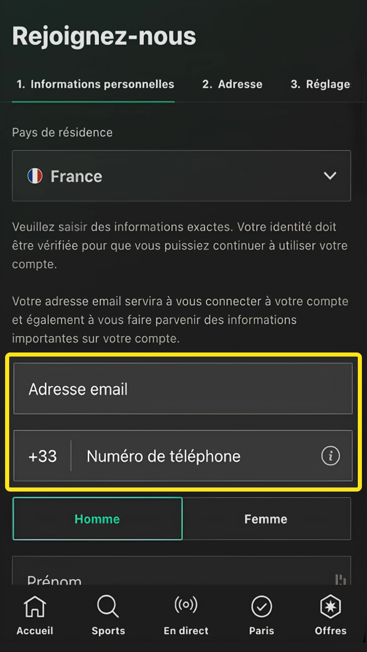 Saisissez vos informations pour commencer à parier sur le football chez Bet365.