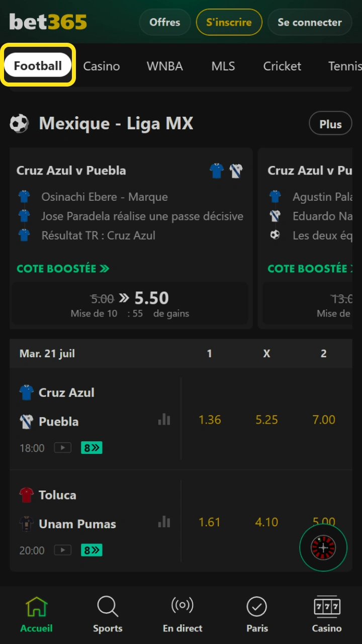 Explorez la section football de Bet365 pour découvrir un large éventail d'options de paris sportifs.