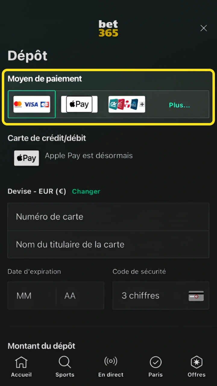 Choisissez votre mode de paiement préféré pour approvisionner facilement votre compte Bet365.