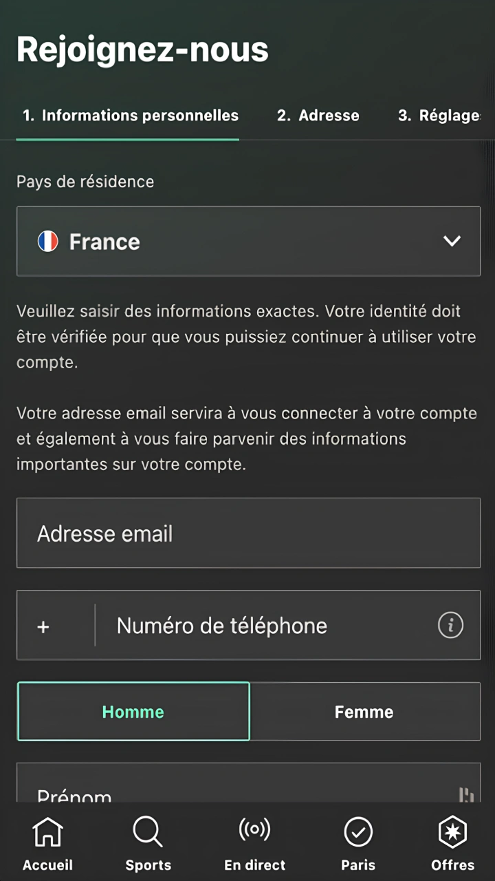 Inscrivez-vous sur Bet365 en saisissant vos informations.