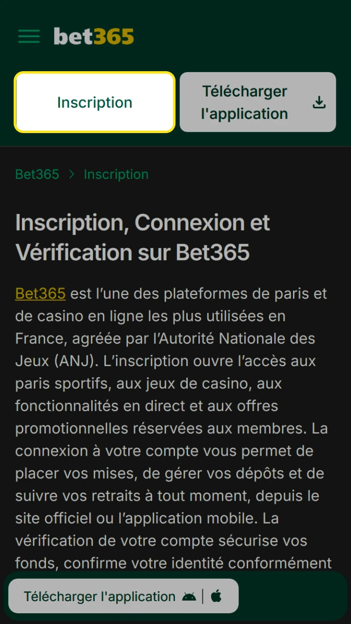 Cliquez sur le bouton S’inscrire pour créer rapidement un nouveau compte Bet365.