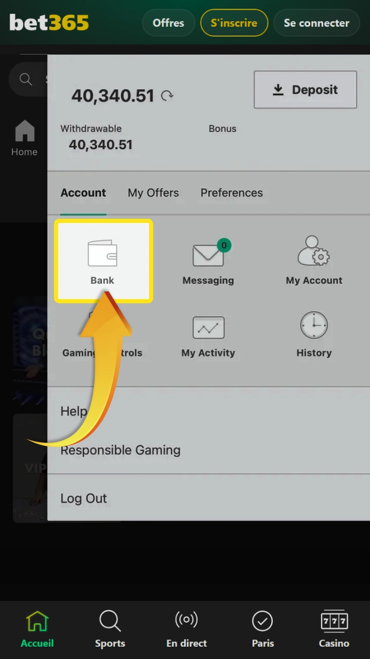 Chez Bet365, vous pouvez facilement accéder à la section Banque pour gérer vos fonds de jeu.