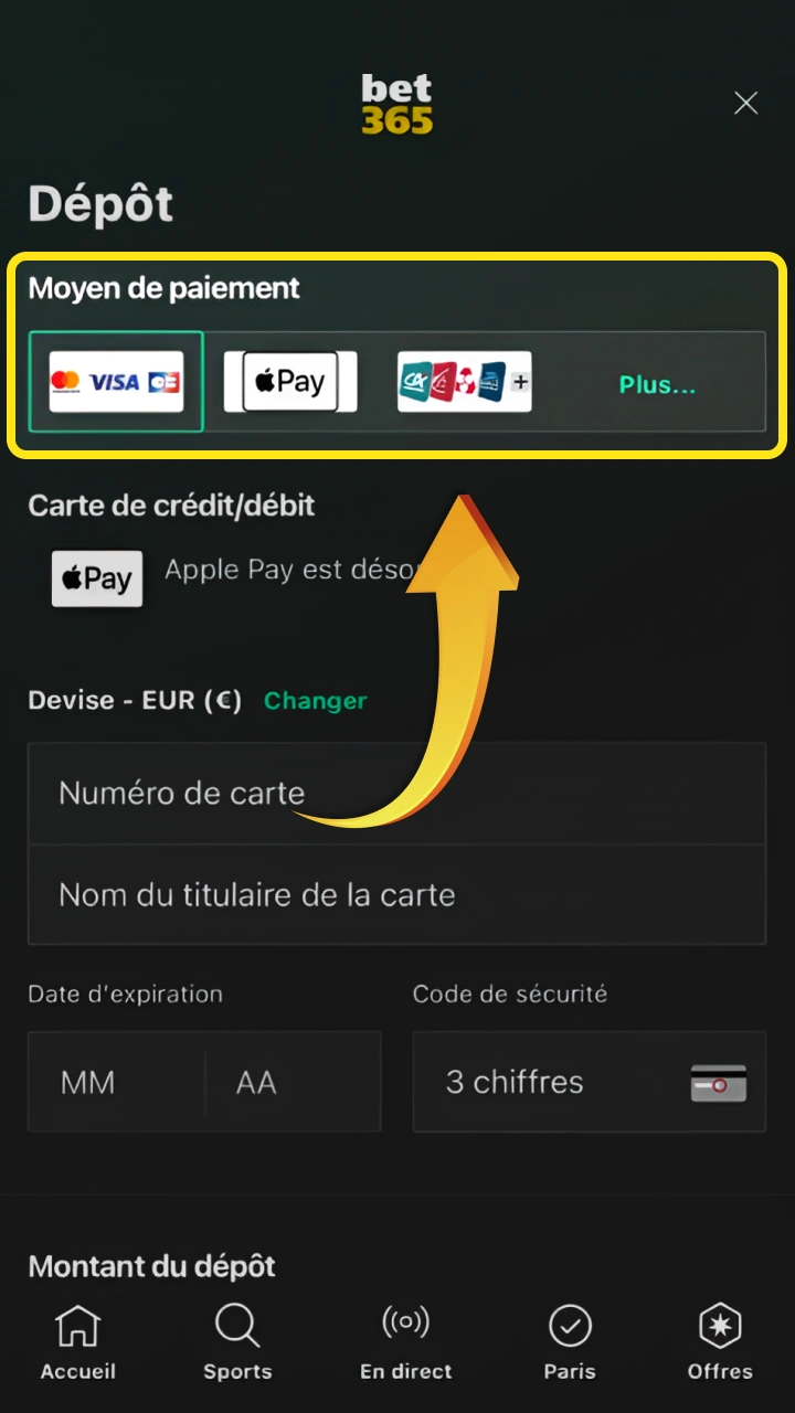 Choisissez votre mode de paiement préféré parmi une variété d'options sécurisées proposées par Bet365.