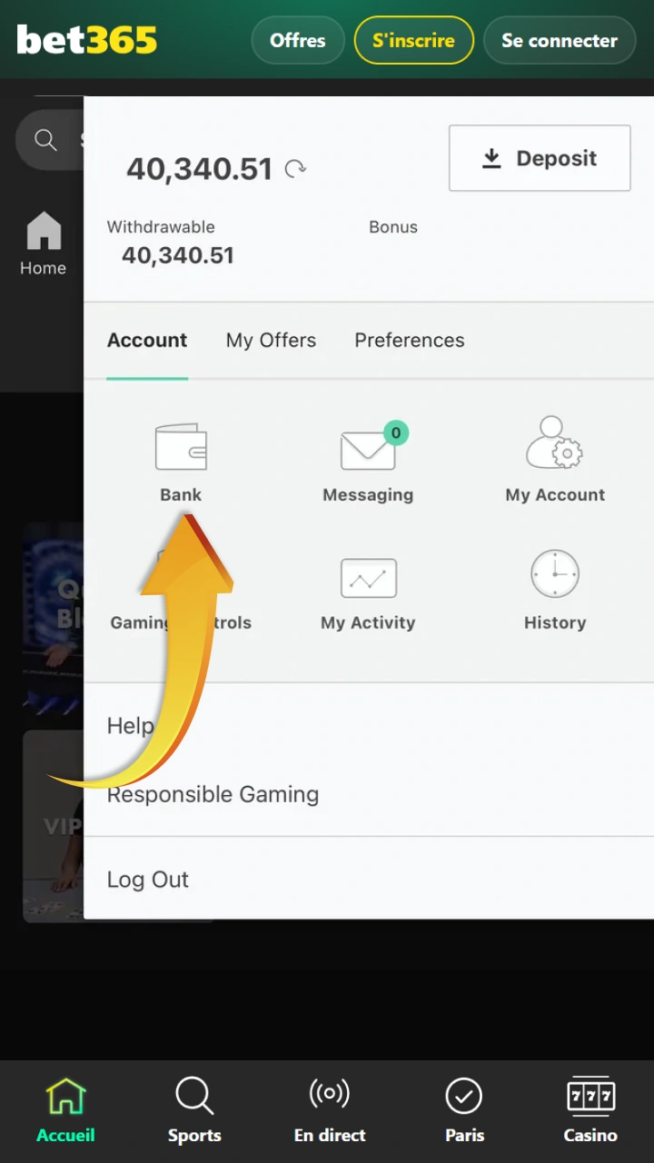 Pour retirer facilement des fonds de Bet365, veuillez consulter la section gestion financière.