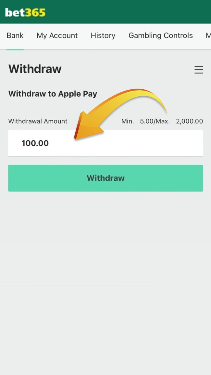Saisissez le montant de votre retrait et profitez de transactions rapides et fluides sur Bet365.